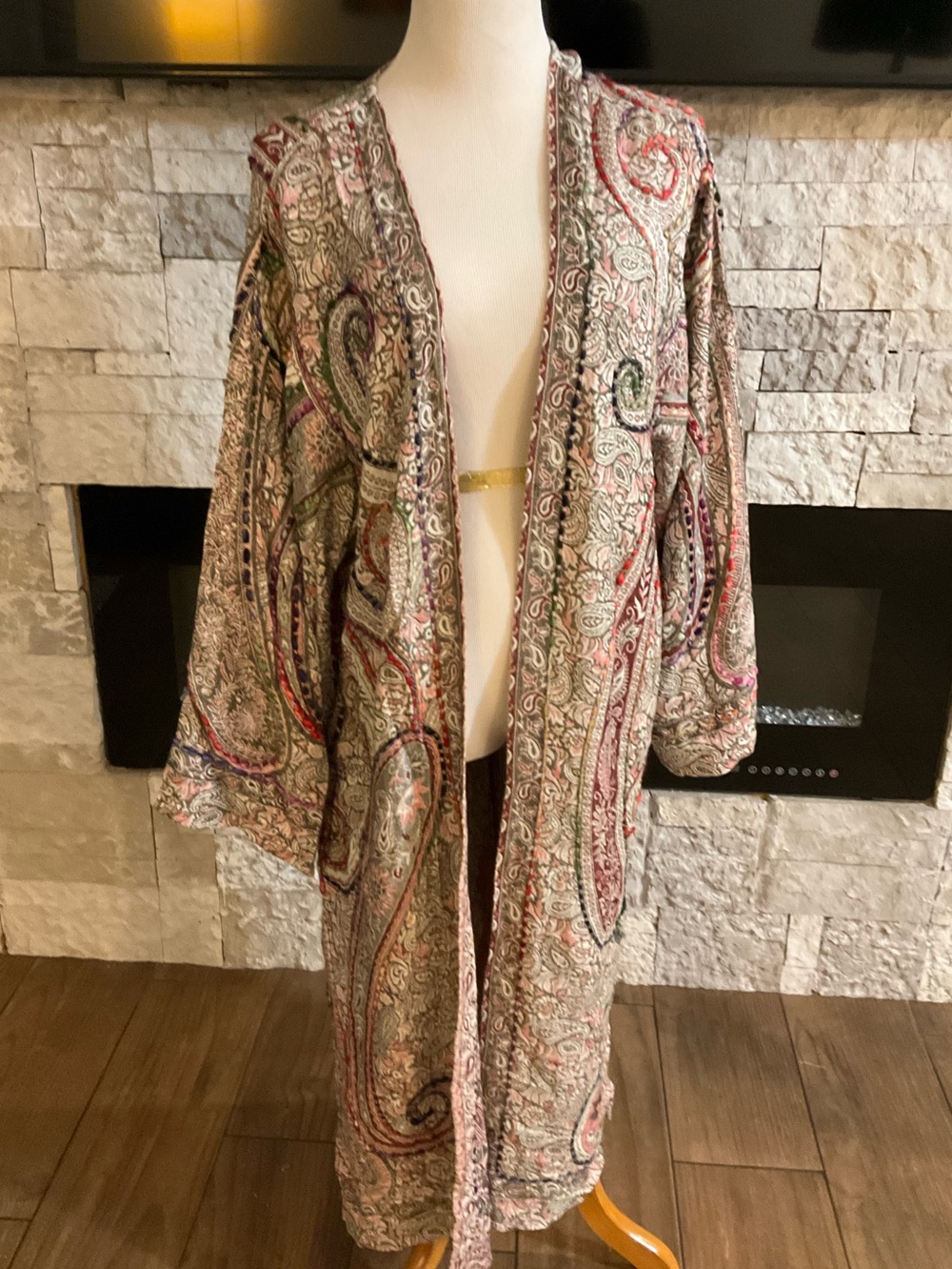 Raj Paisley Open-Front Cardigan Duster Boho in Pink, Green and Cream One size